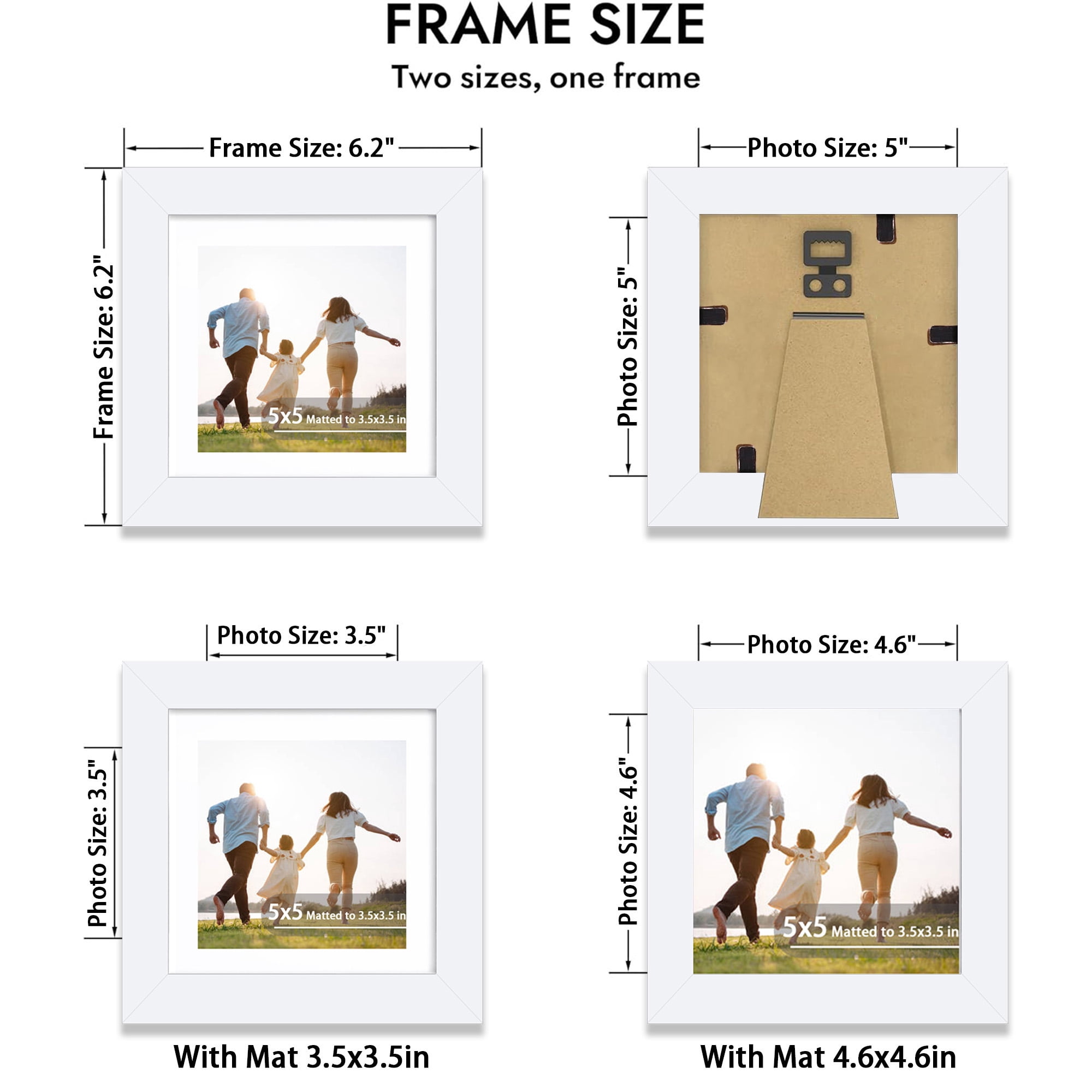 5x5 Picture Frame Set of 2, Display 3.5x3.5 Picture with Mat or 5 x 5 Without Mat, Square Wood Photo Frame for Wall Mount and Tabletop Display