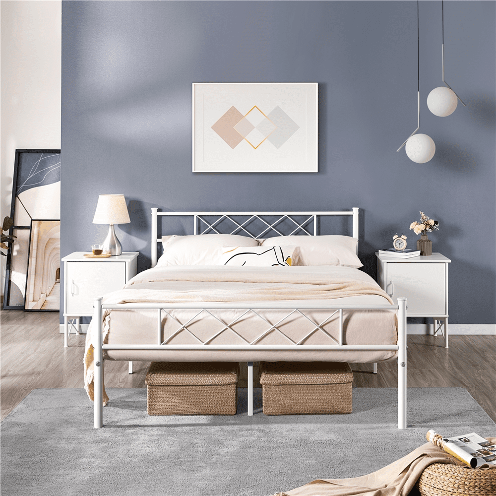 Fullfurnique Simple Metal Platform Bed Frame with Headboard and Footboard, Twin, White