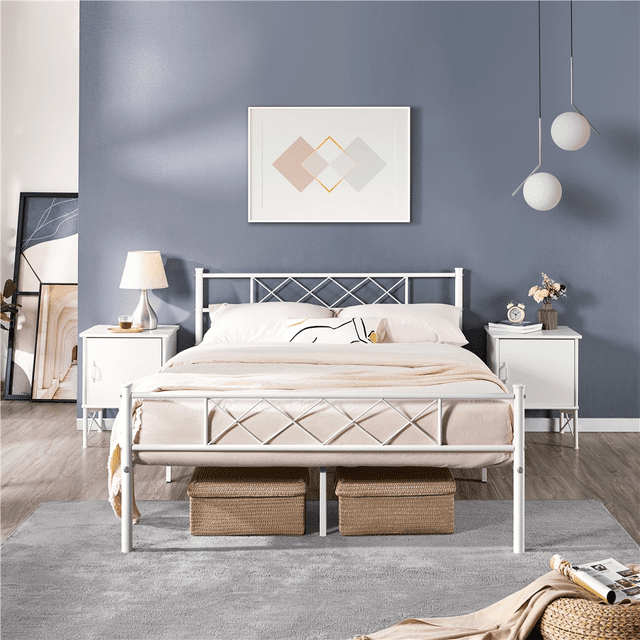 Yaheetech Lit Plateforme Simple en Métal avec Tête de Lit et Pied de Lit, Grand Lit, Blanc