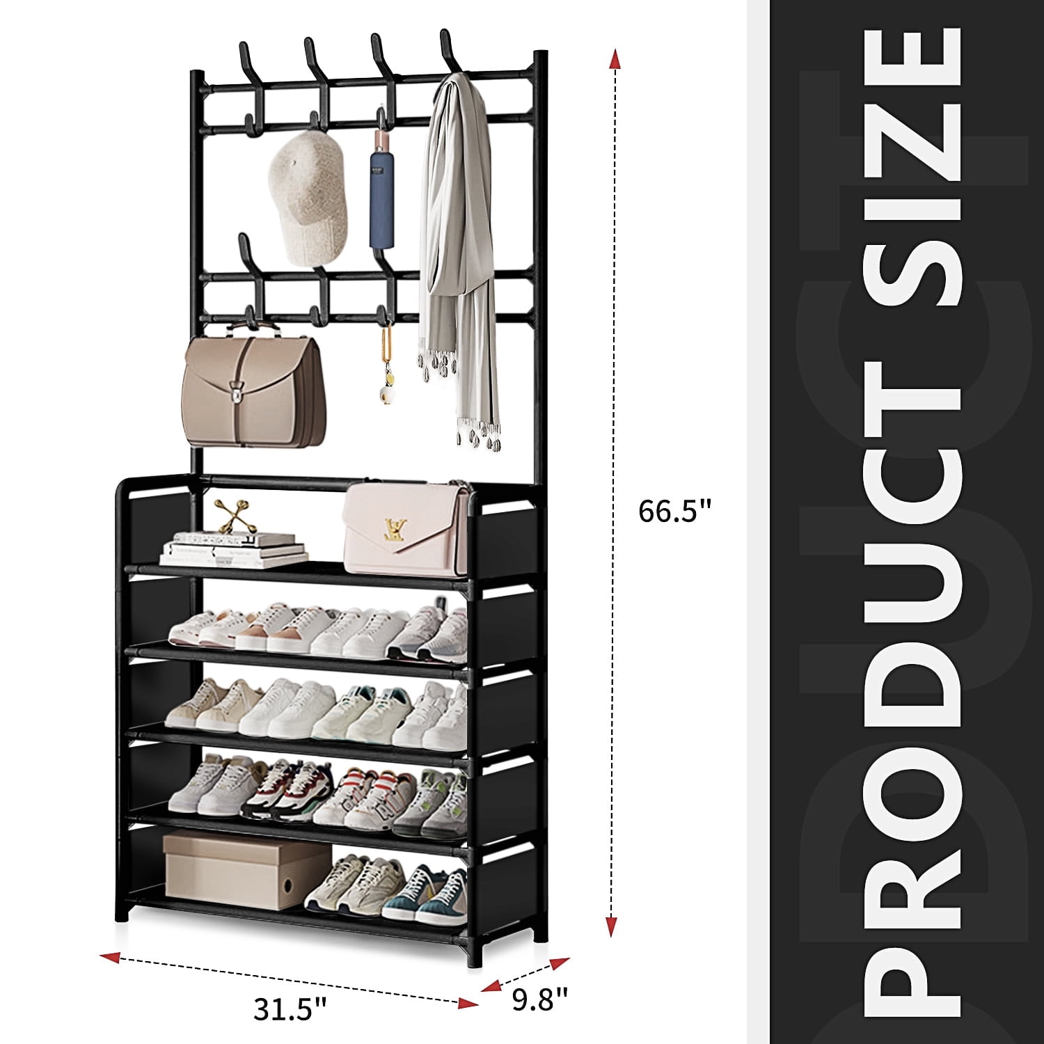 Brochao 5 Tiers Shoe Rack with Coat Rack, Shoe Organizer Storage with Hooks, Freestanding Shoe Shelf for Entryway, Hallway, Office, Black
