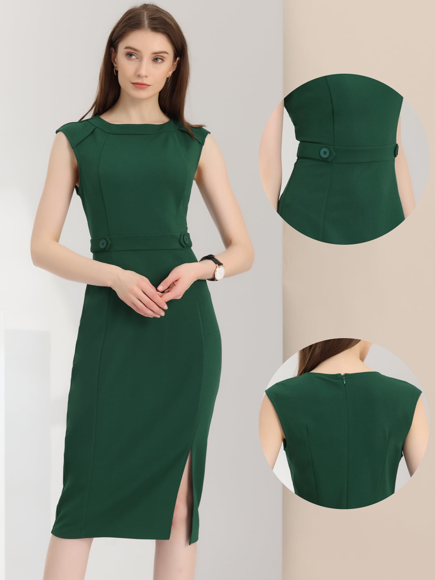 DARING DIVA Slim Fit Sleeveless Work Dress S Dark Green