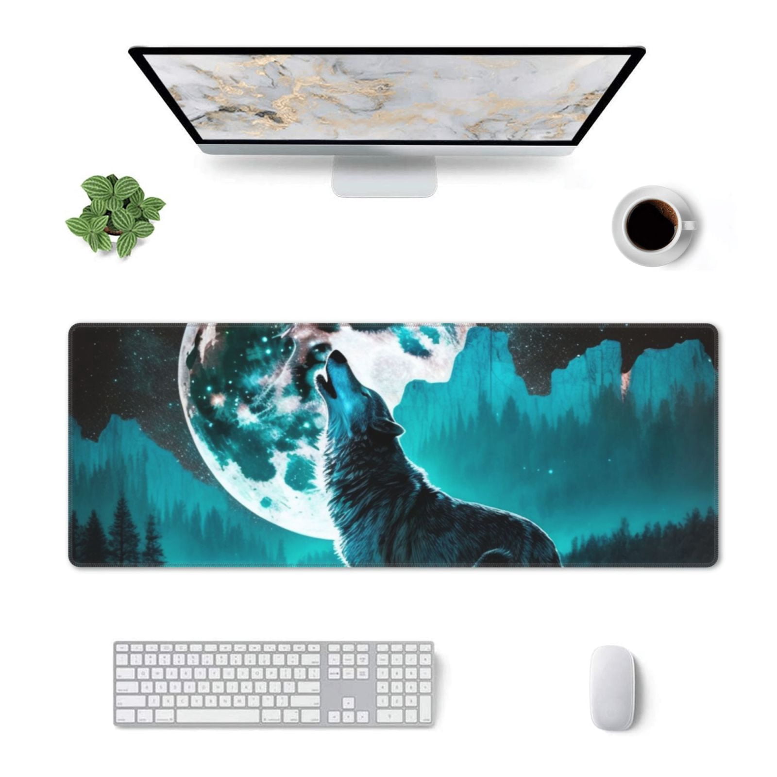 Wolf Howling River Night Moon Cool Mouse Pad Extended Large Gaming Mousepad Non-Slip Rubber Big Keyboard Desk Mat 31.5 X 11.8 Inch