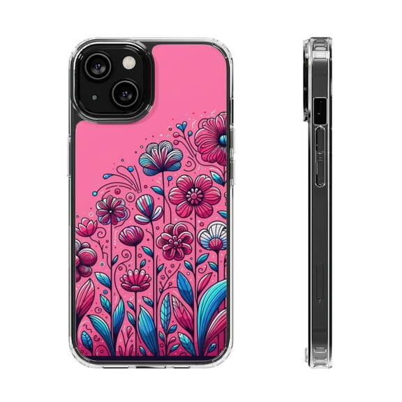 DistinctInk Hybrid (Acrylic / TPU) Clear Slim Fit Case for Apple iPhone 15 (6.1" Screen) - "Blooming Delight: A Colorful Cartoon Garden"