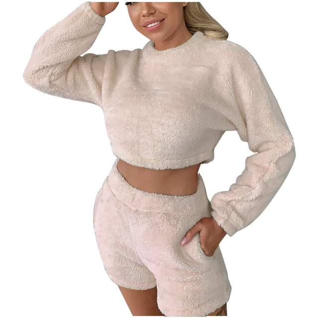 Pompotops Women's Long Sleeve Solid Plush Tank Tops Set Elastic Waist Shorts