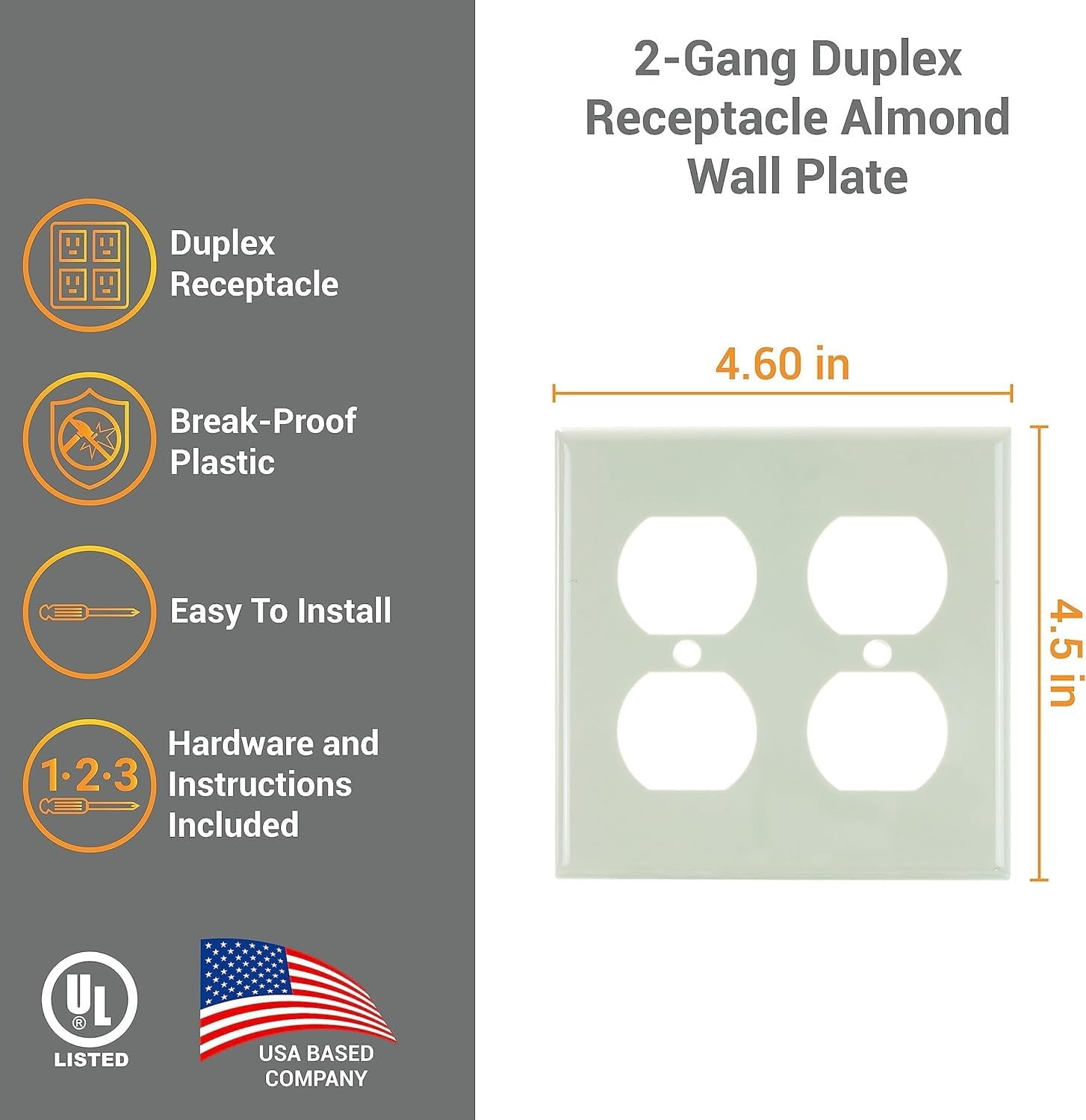 Diodesy- Pack of 12 E212A 2-Gang Duplex Receptacle Wall Plate with Matching Screws, Almond Outlet Cover, Smooth Gloss Finish, Rounded Edges, Standard Size 2-Gang, UL Listed