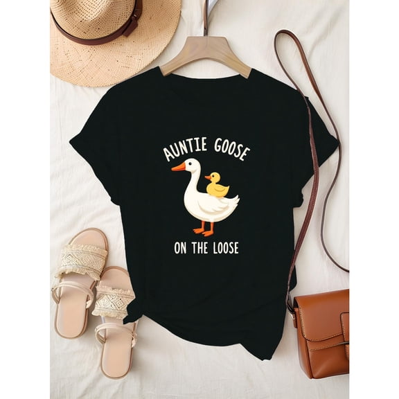 Women's Black "Auntie Goose On The Loose" Graphic Tee Plus Size S-5XL, Cute Animal Printed T-Shirt, Casual Oversized Top for Auntie & Animal Lovers