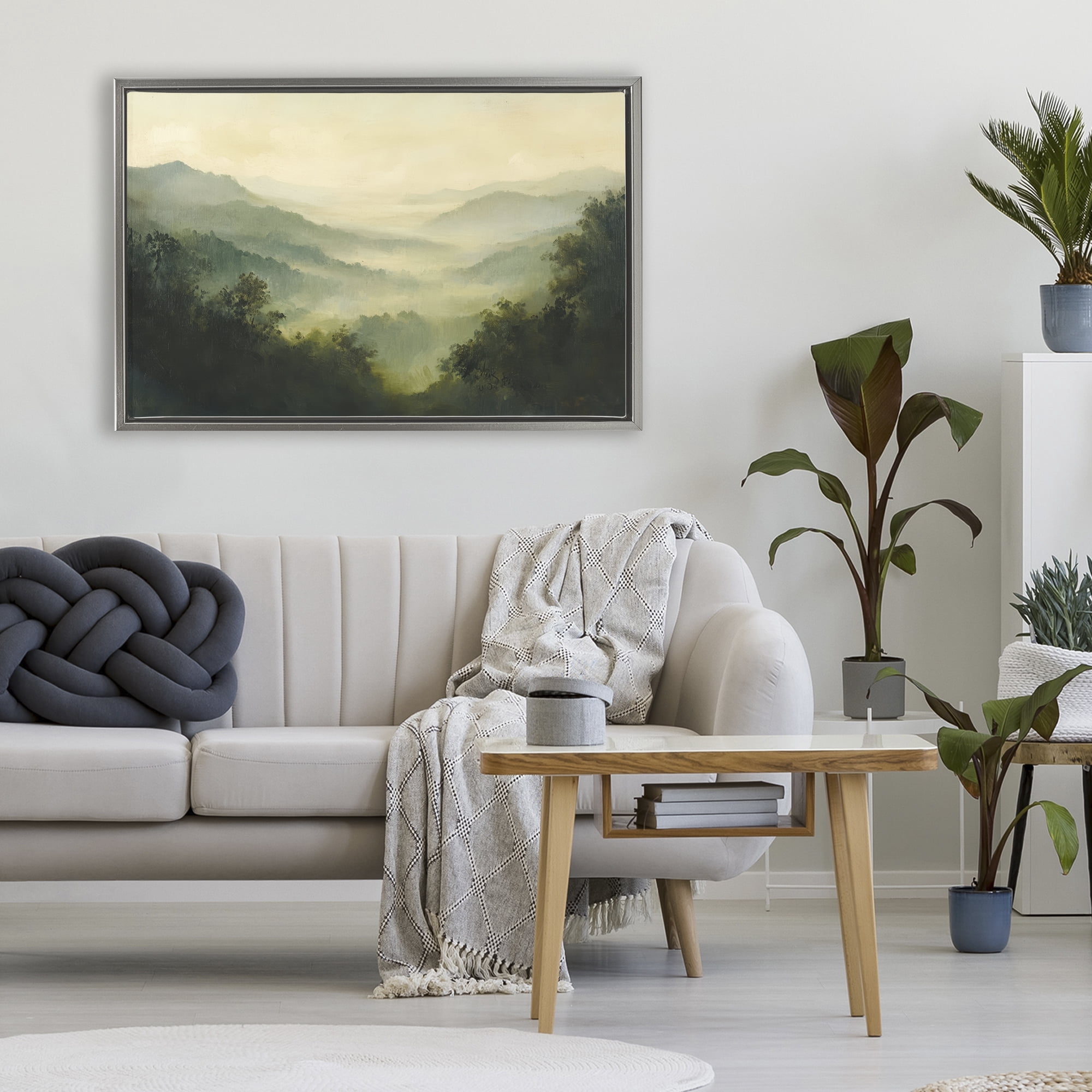Through The Haze Landscape Gray Framed Floater Canvas Wall Art, design by Petal Prints Design