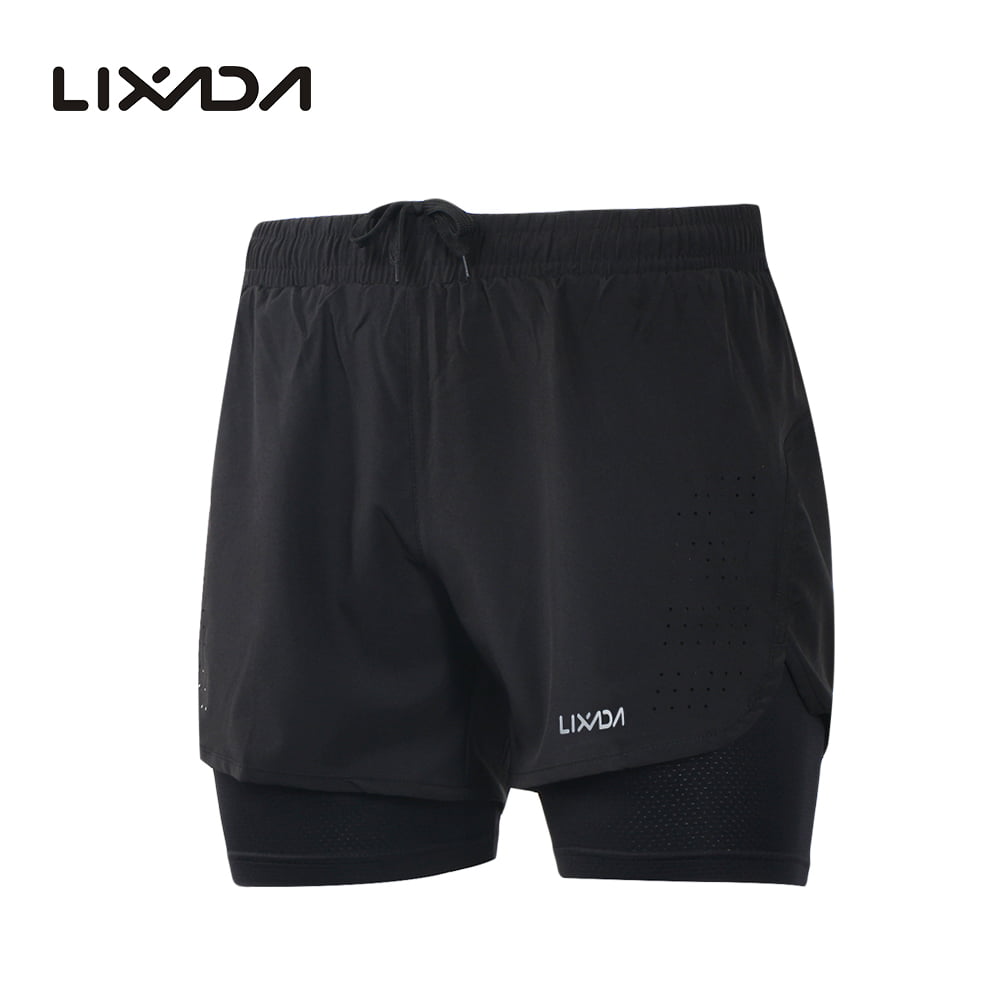 Mens Sports Running Shorts Active Training Exercise Jogging 2 in 1 Shorts 