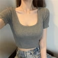 thumbnail image 1 of VISgogo Mujeres Crop Tops, Mujer Cuello en U Manga Corta Color Sólido Slim Fit Camisetas Cortas Camisetas VISgogo  moda, 1 of 2