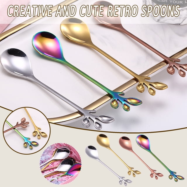 Oleegame 1PC Stainless Steel Cutlery Set Gold Tea Handle Stirring Long Spoons Iced set Cocktail Leaf Spoons Creative Kitchen,Dining & Bar