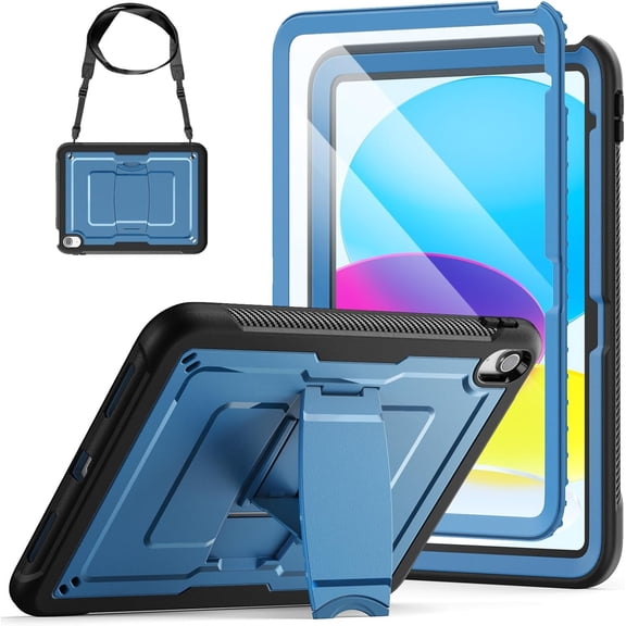 Case for iPad (A16) 11th/10th , with Built-in Screen Protector, Shoulder Strap, Rugged Full Body Shockproof Protective Case, Navy Blue