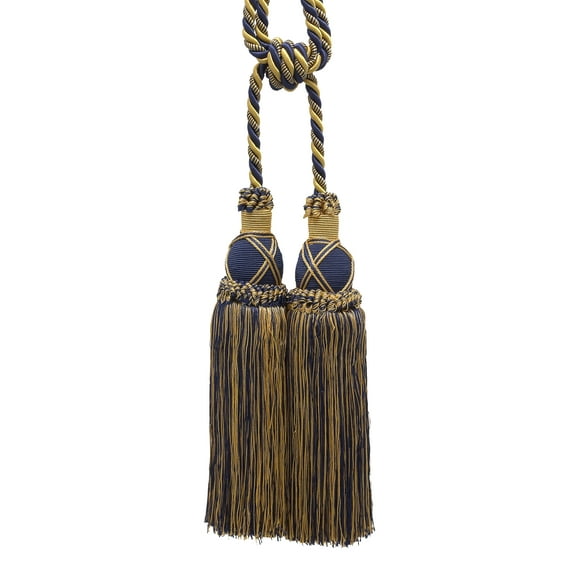 Beautiful Dark Navy Blue, Gold Curtain and Drapery Large Double Tassel Tieback / 10" tassel, 30 1/2" Spread (embrace), 3/8" Cord, Imperial II Collection Style# TBIC-2 Color: NAVY GOLD - 1152