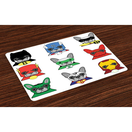Superhero Placemats Set of 4 Bulldog Superheroes Fun Cartoon Puppies in Disguise Costume Dogs with Masks Print, Washable Fabric Place Mats for Dining Room Kitchen Table Decor,Multicolor, by Ambesonne