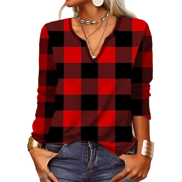 Yazoeia Plaid Sweater Shirt, Versatile Relaxed Fit Womens V-Neck Long Sleeve Plaid Top for Home (S) Red CJC912-109452
