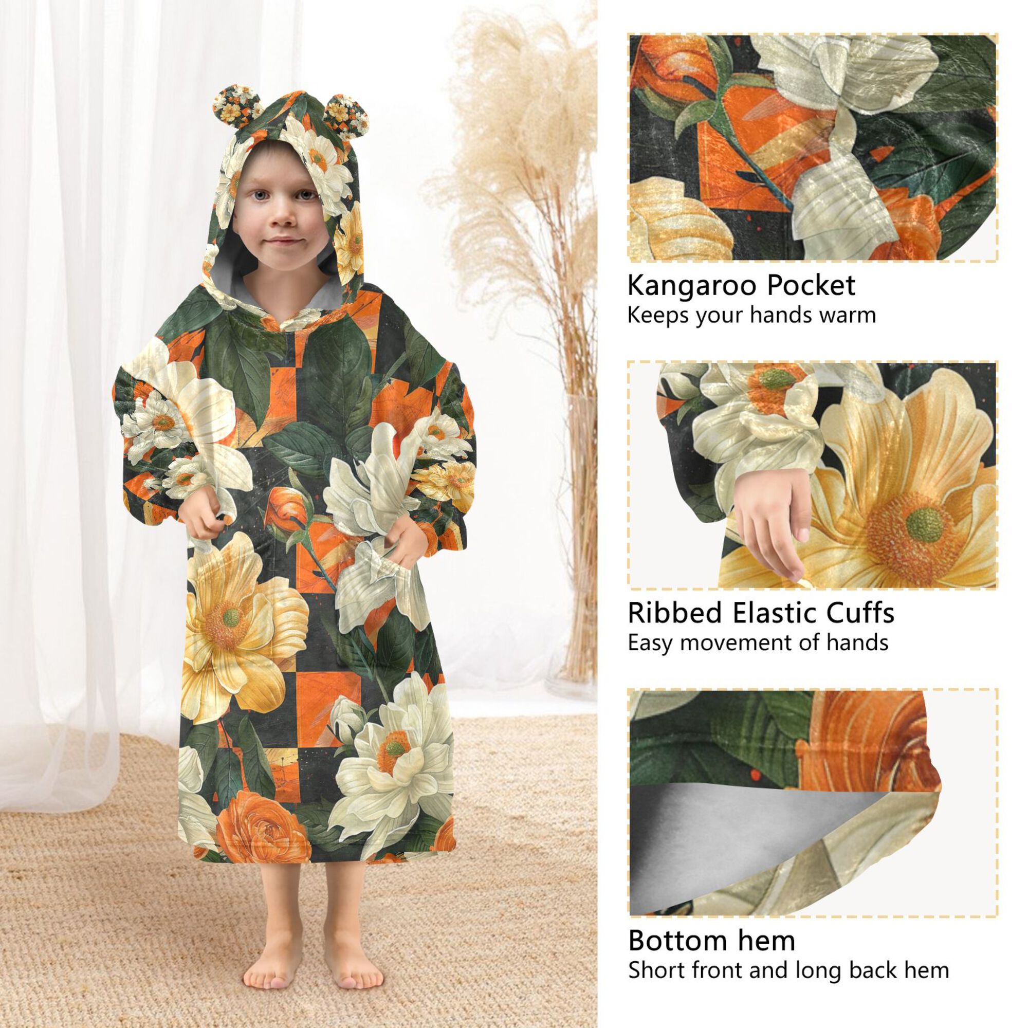 FORMRS Wearable Blanket Hoodie with Sleeves for Kids Cozy Flannel Sweatshirt, Bright Floral