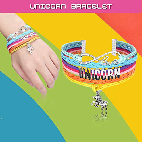 RLGPBON Unicorn Gifts for Girls 5 Pack Drawstring Backpack/Makeup Bag/Unicorn Pendant Necklace/Bracelet/Hair Ties