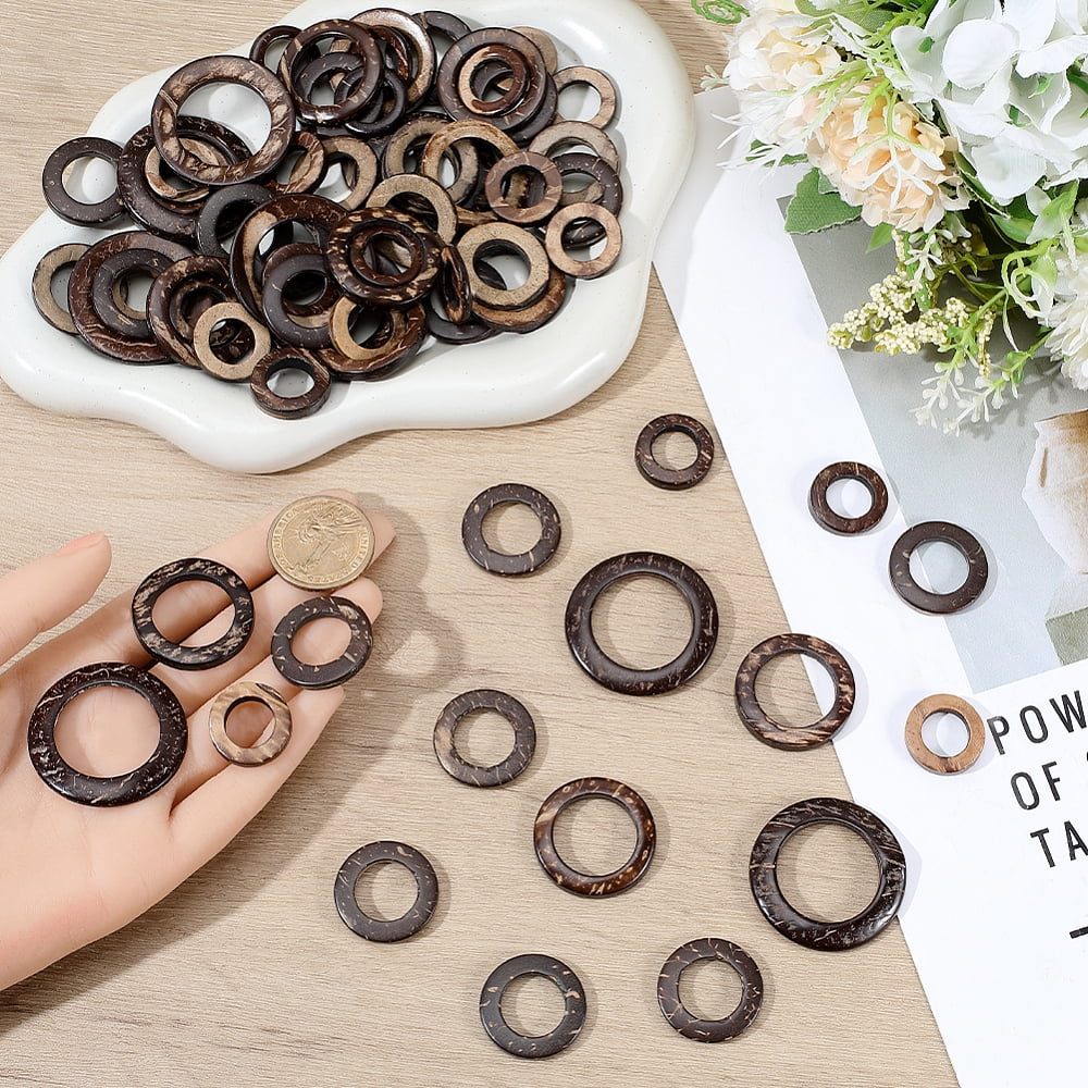 200Pcs 4 Styles Coconut Linking Rings Ring Wood Jewelry Findings Coconut Brown 20~29x2~5mm DIY