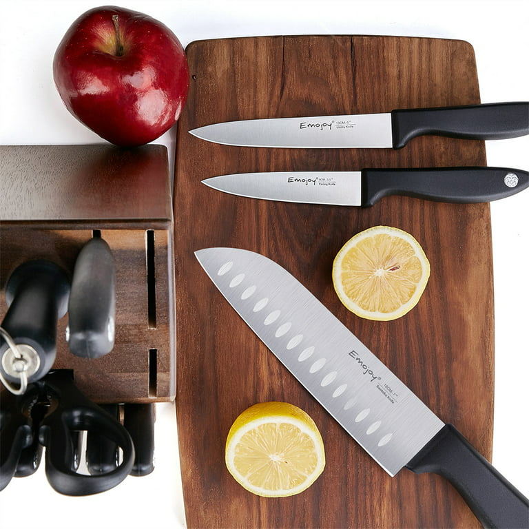 Knife Set, 15-pcs Emojoy Kitchen Knife Set with Block, Premium Kitchen  Knives with Heavy Poultry Shears, Sharpener and 6pcs Serrated Steak Knives