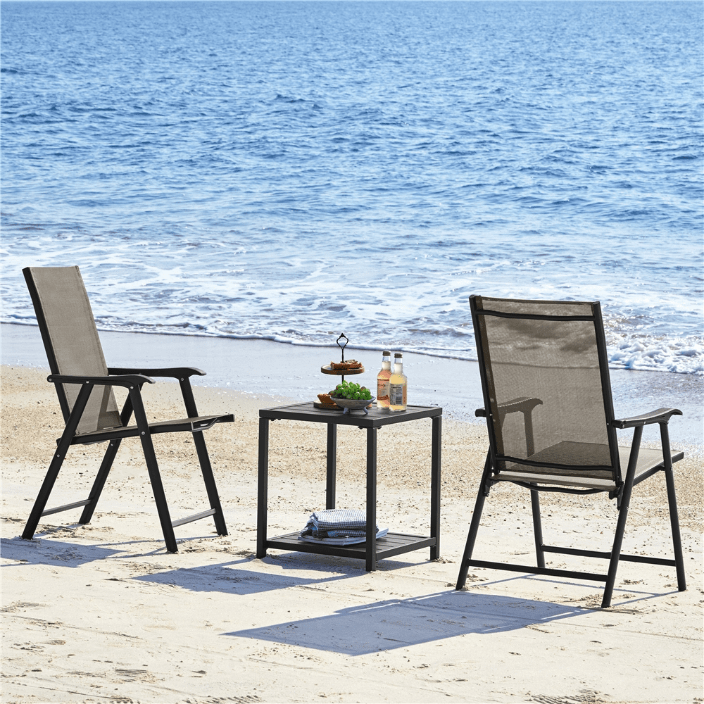 Renwick Outdoor Texteline Folding Dining Chairs with Backrest, Set of 2, Brown