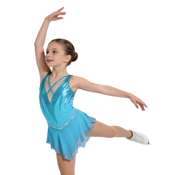 TTAO Girls Sleeveless Figure Skating Dress Sparkly Diamond Sleeveless Gymnastics Ballet Dance Dress for Competitions Blue Green 10