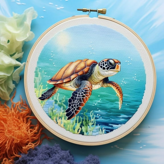Sea Turtle Stamped Cross Stitch Kits for Beginners Easy with Hoop 11CT Needlepoint Embroidery DIY Counted Cross Stitch Kits Art Craft Wall Decoration 35x35cm(2)