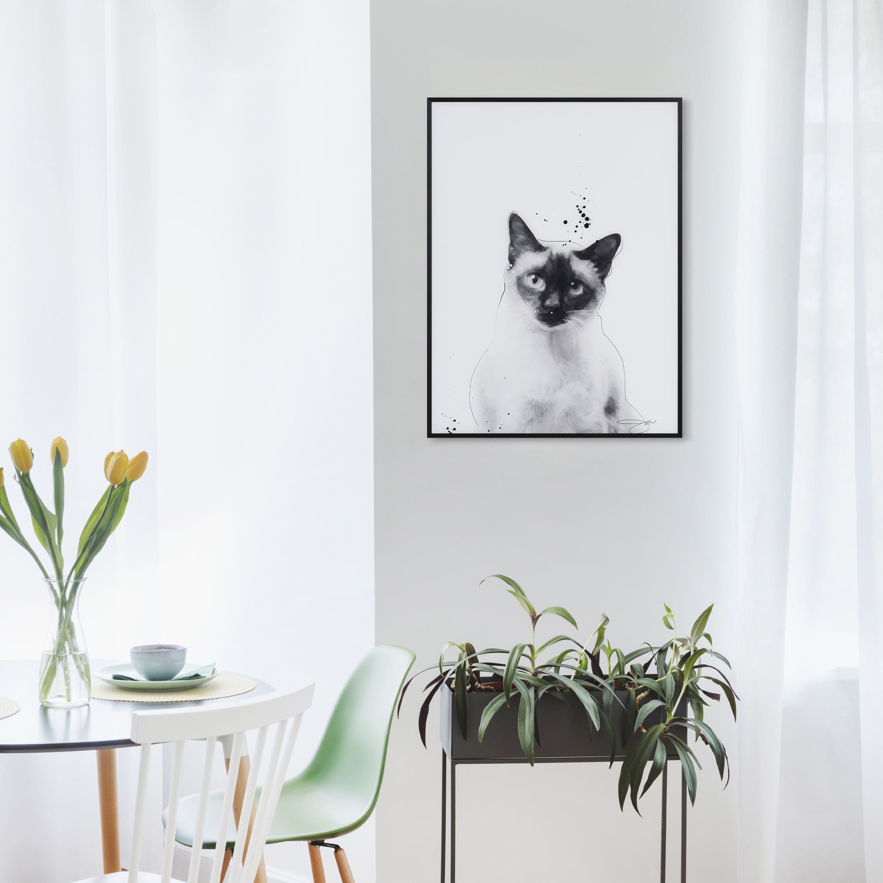 "Siamese" Black and White Pet Portraits on Reverse Printed Art Glass, Minimally Encased on Black Anodized Aluminum Frame