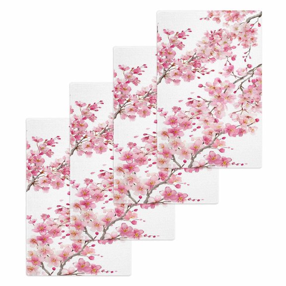 Spring Peach Flowers Kitchen Dish Towels for Drying Dishes Set of 4, Pink Botanical Floral Leaves Branch Waffle Weave Microfiber Hand Tea Bathroom Towels Quick Dry & Absorbent Towel 15.7x23.6