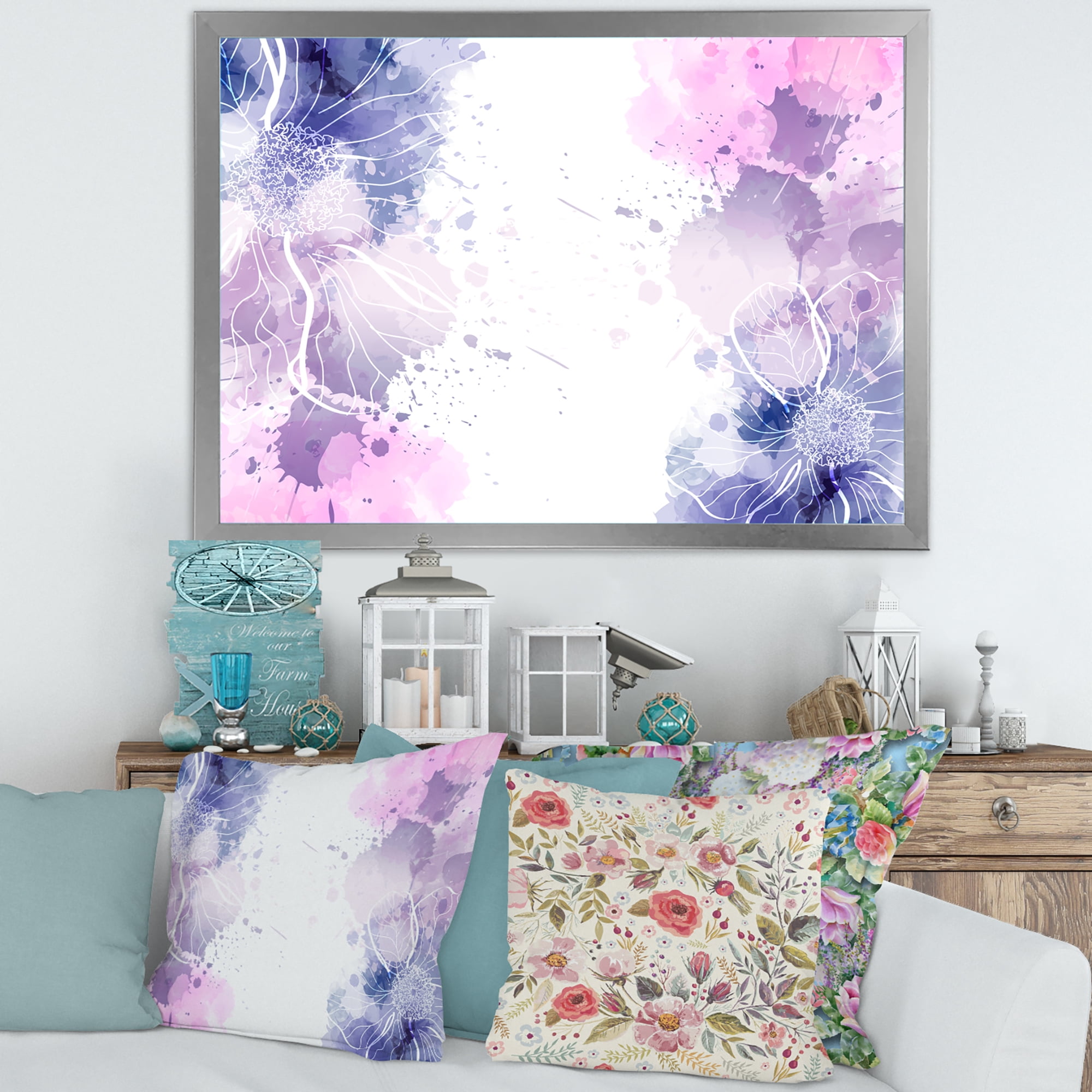 Designart 'Pink and Purple Abstract With Colorful Splashes I' Modern Framed Art Print