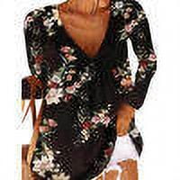 Women T-shirt Long Sleeve Printed 5 3 4 Shirt Fall V Neck Casual Blouse, Black, XXL