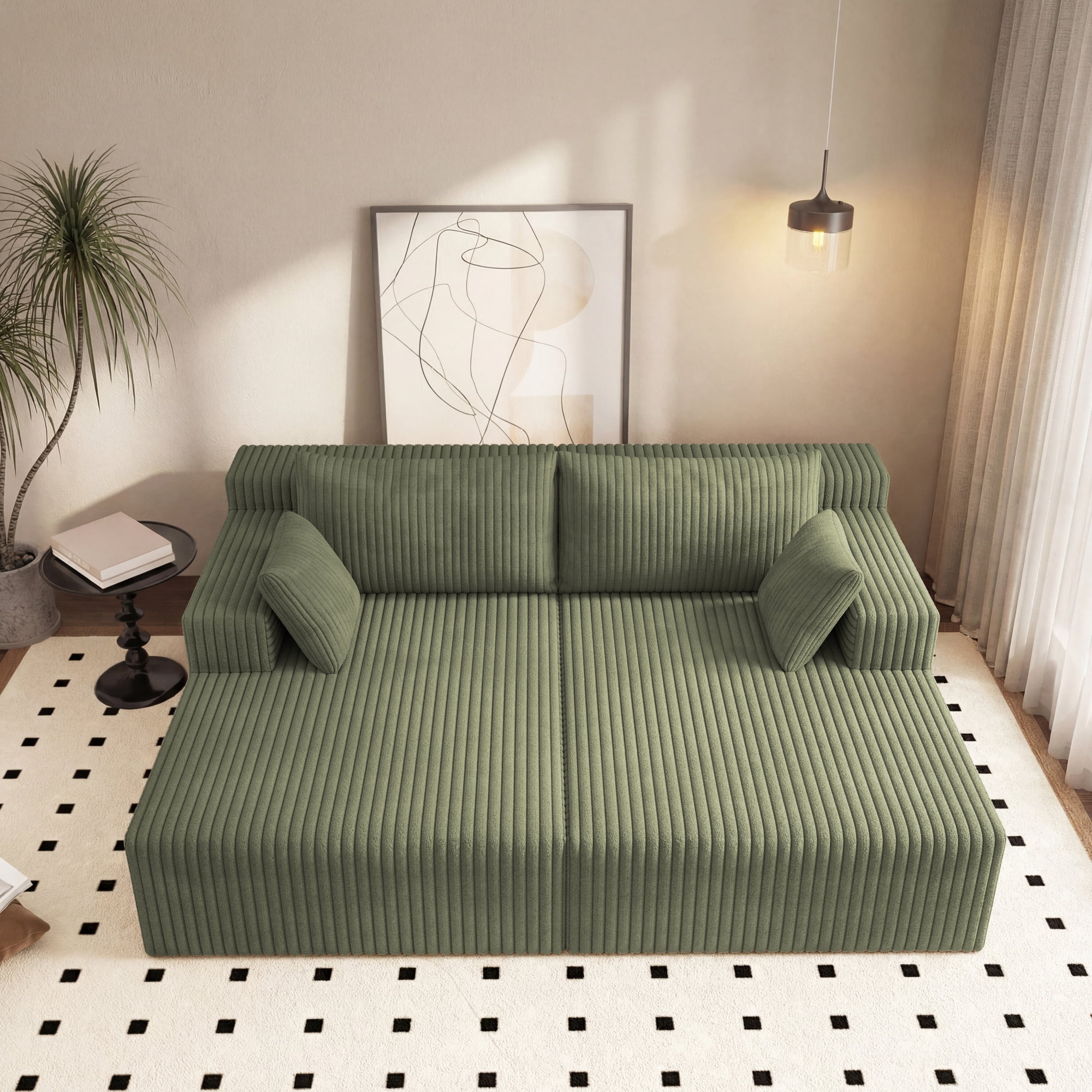 HOQBN 71" Oversized Double Chaise Lounges Indoor,Upholstered Corduroy Boneless Couch with 4 Pillows,Reading Lazy Cloud Plush Sofa Bed for Living Room, Bedroom,No Assembly,Antique Green