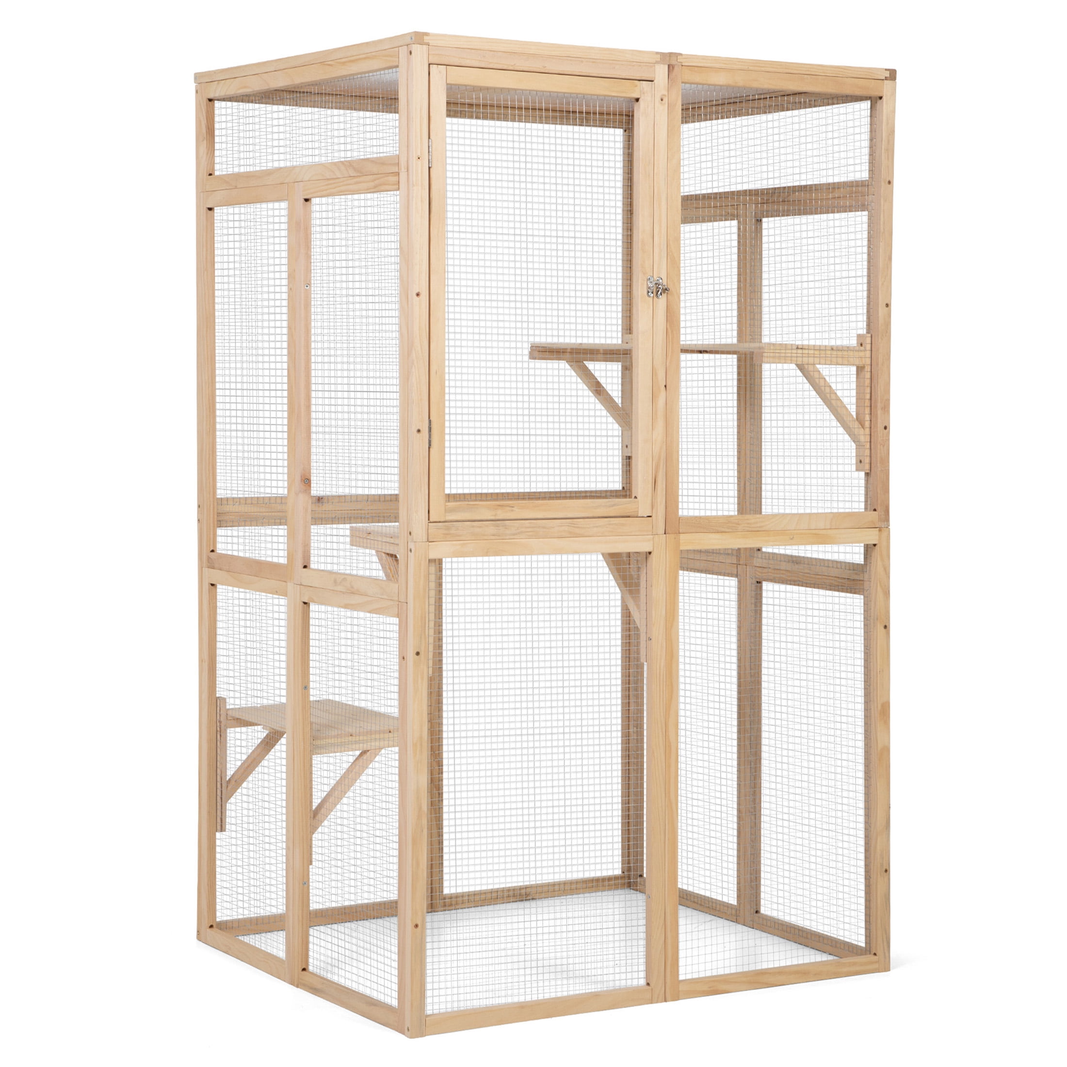 JERFIT Large Outdoor Wooden Catio Enclosure with Sunroof, Platforms & Hammock for Indoor Outdoor Cats, Weatherproof Cat House Cage Condo in Burly Wood