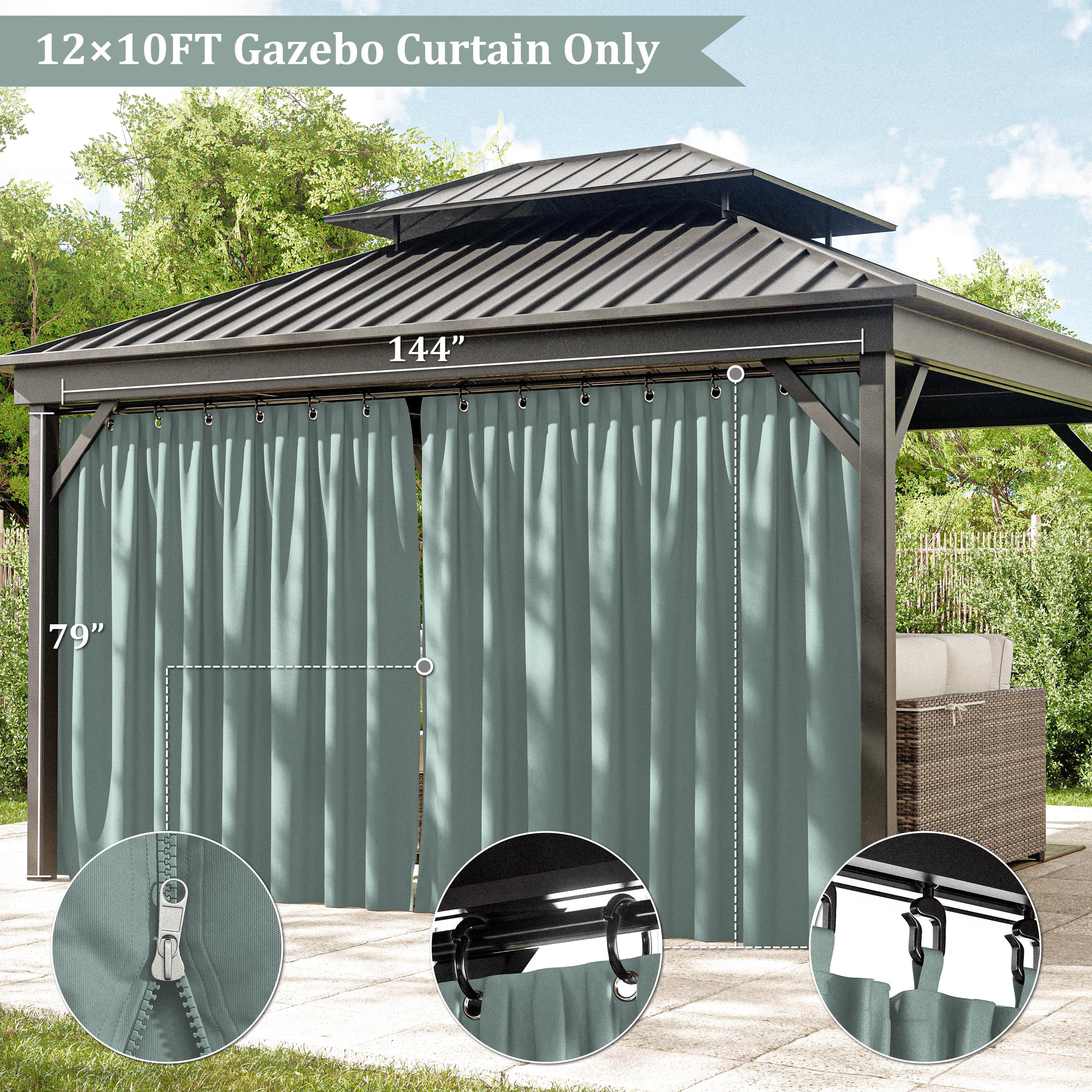 Pakunoda 11' X 6.5' Gazebo Universal Replacement Privacy 4-Panel Curtains, Waterproof Outdoor Curtains Calcite Blue Sidewall with Zipper for Patio Garden Backyard 10' X 12' Gazebo, Curtain Only