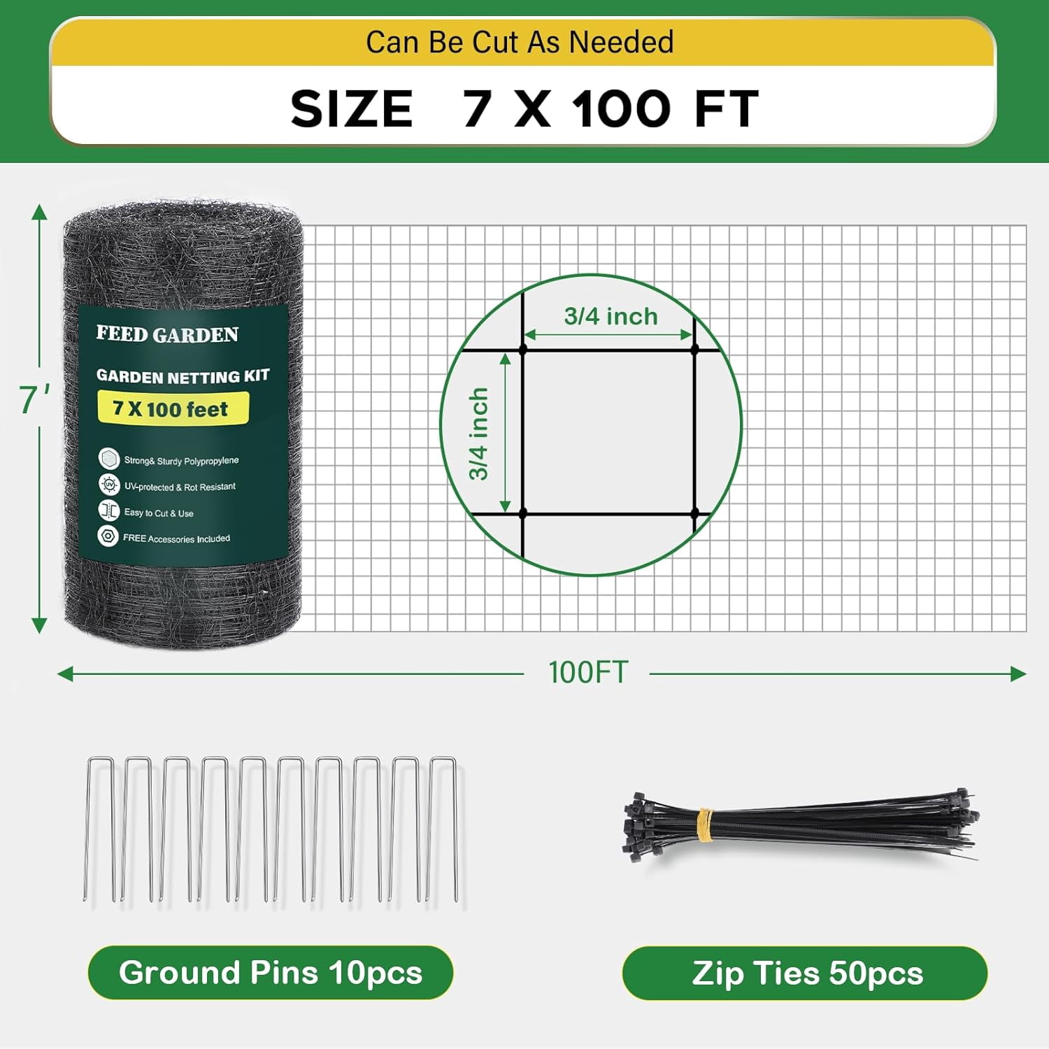 Deer Fence Netting Garden Netting Bird Netting - 7x100ft UV-Protected Garden Fence for Plant with 3/4" Fine Mesh - Includes 10 Stakes & 50 Zip Ties for Easy Installation