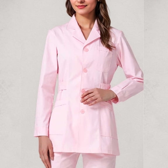 Karymi Plus Size Tops for Women Lab Coat, Lapel Collar Long Sleeve Full Button Down Slim Waist Tunic Uniform, Multi Pockets Solid Scrub Jacket for Nurse Doctor Cute Tops for Women