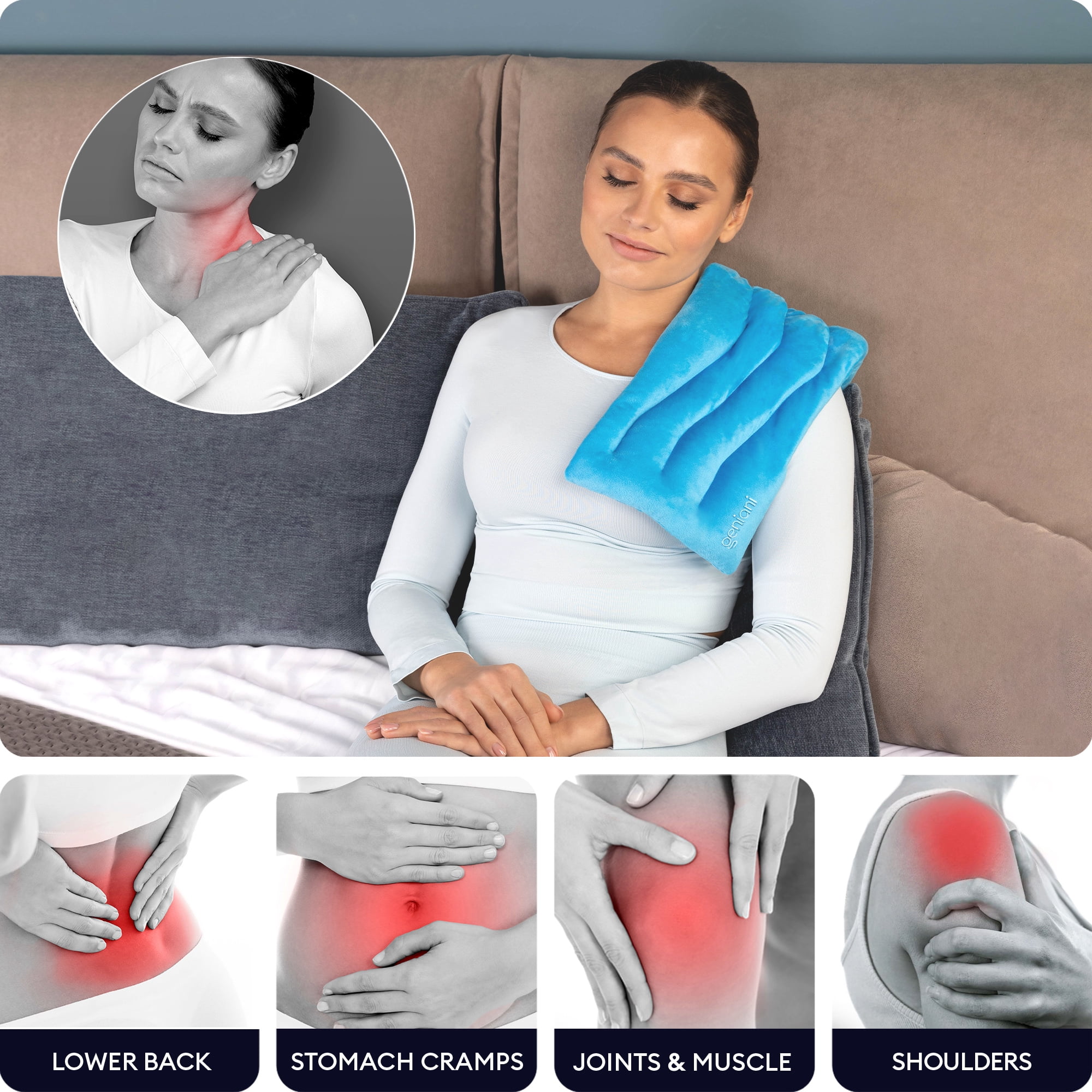 Geniani Microwavable Heating Pad for Neck, Shoulders & Muscle Relief – Cordless Hot & Cold Pad with Ultra-Soft Fabric for Pain & Cramps Comfort (8"×17", Azure Blue)
