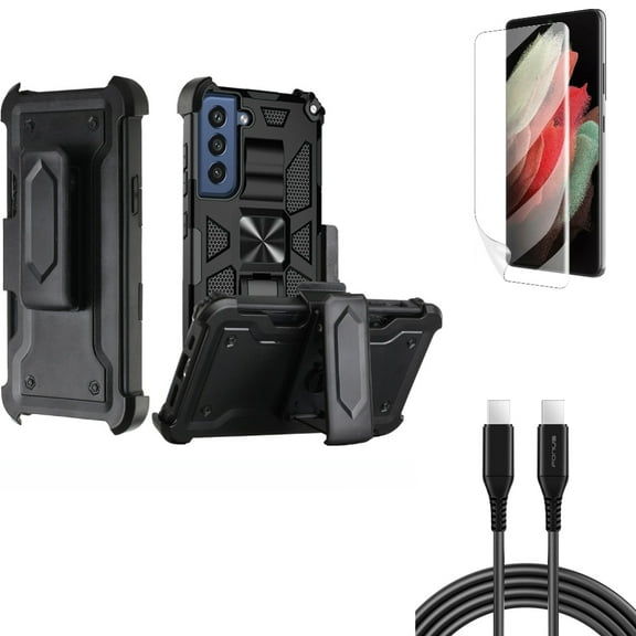 Case Belt Clip & Matte Screen Protector & 6ft Long USB-C Cable for Samsung Galaxy S22 Plus (S22 ) - Combo Holster Swivel Cover & TPU Film Anti-Glare & PD Fast Charger Cord Power Wire