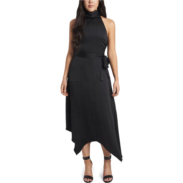 Vince Camuto Vestido midi con cinturón y cuello halter para mujer, negro, 6
