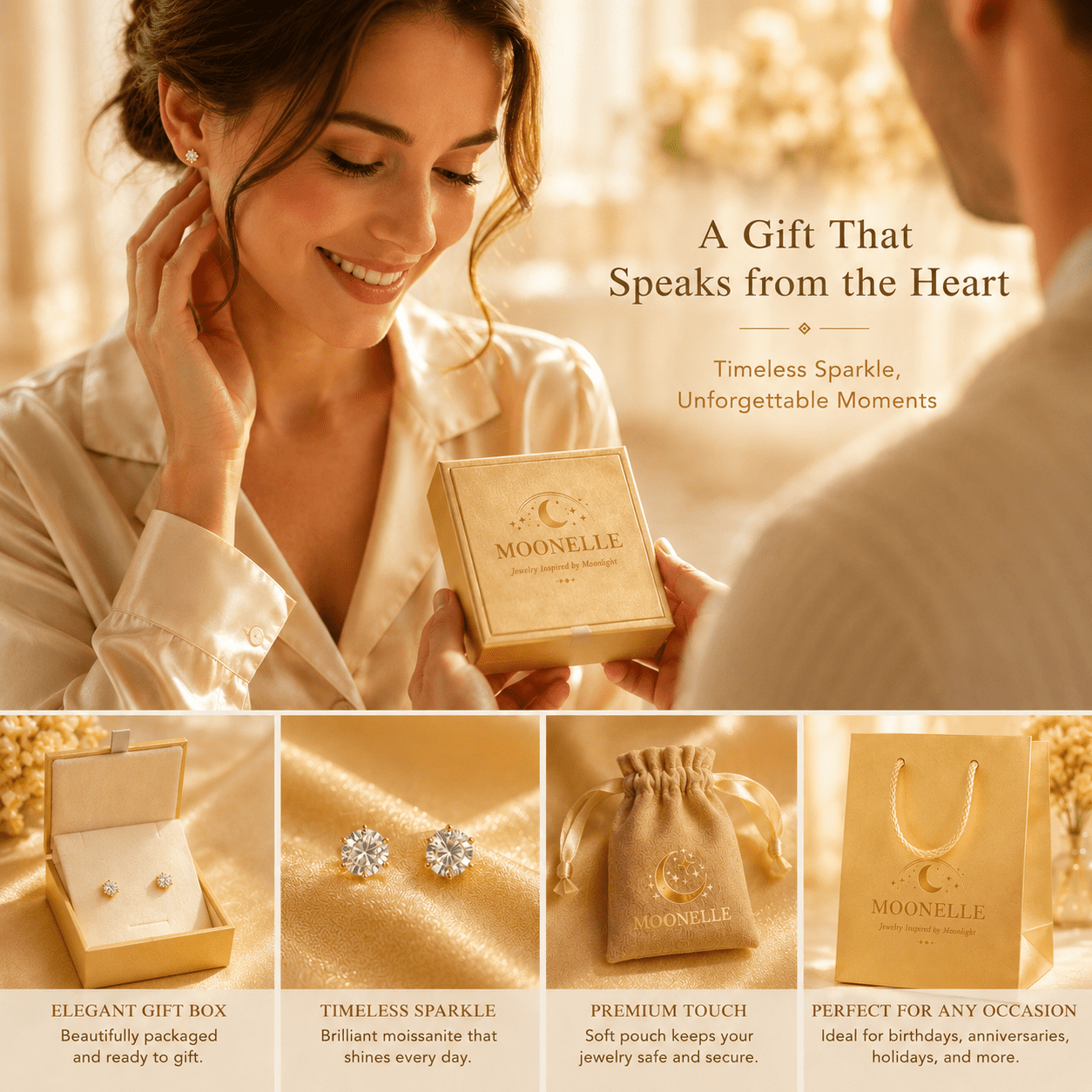 MOONELLE 3Ct Round Cut Moissanite Stud Earrings for Women, 925 Sterling Silver, Yellow Gold Plated