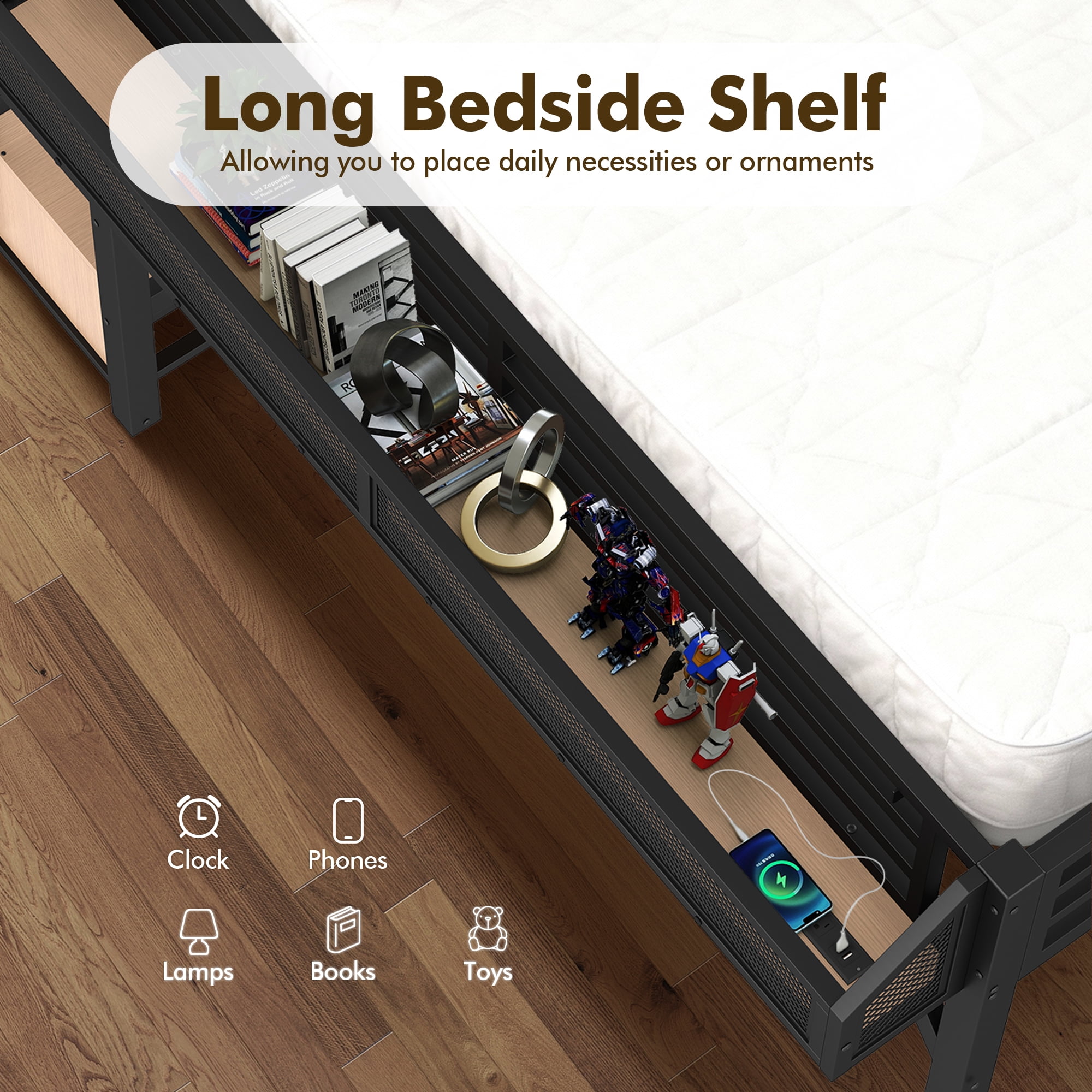 Aukfa Full Metal Loft Bed with Storage Stairs, Shelves, Wardrobe, USB Ports & LED Lights, Heavy-Duty Bed Frame for Teens, Kids & Adults, Black
