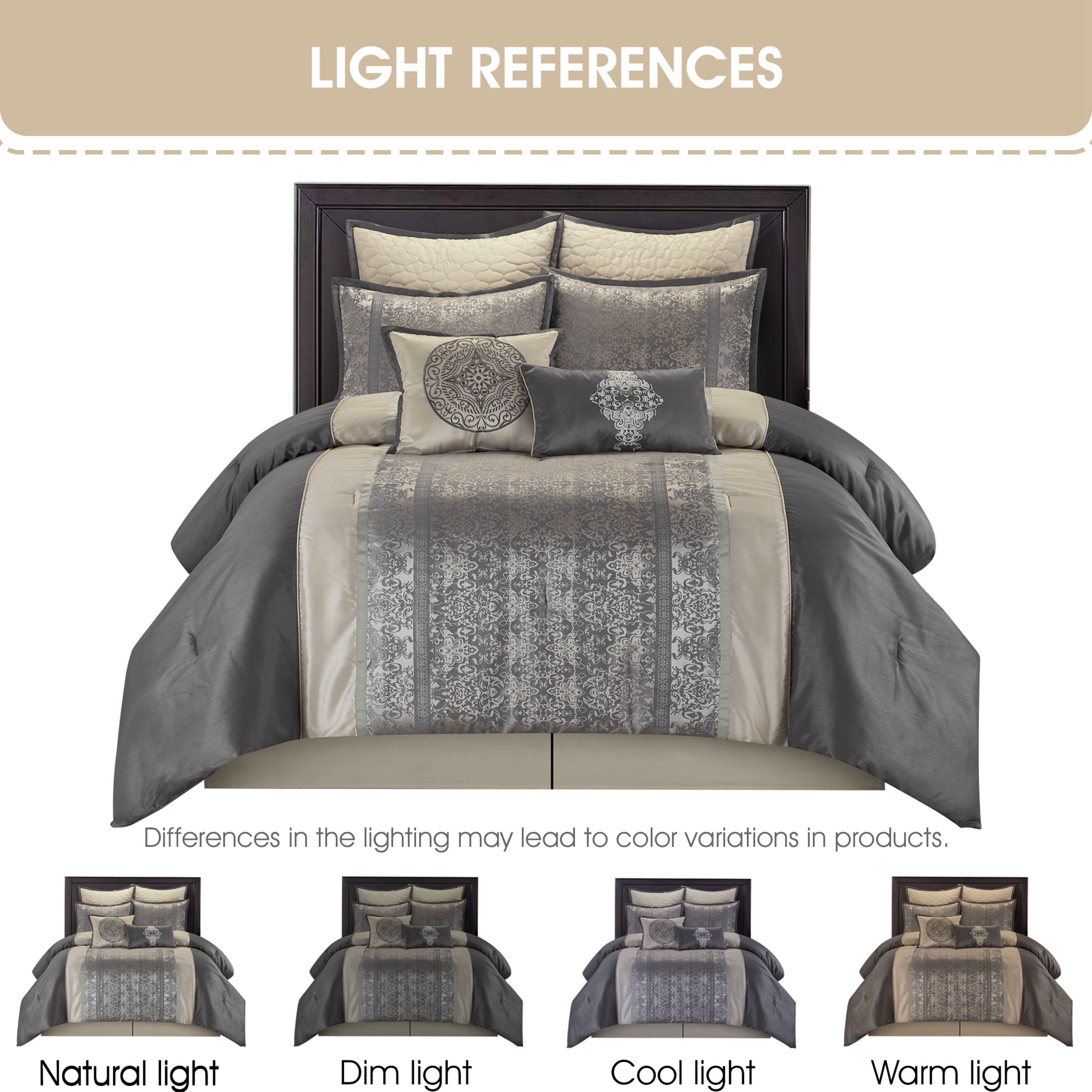 Lanco Damask 8 Piece Comforter Set, Silver/Ivory, King, Fill Polyester, Patchwork