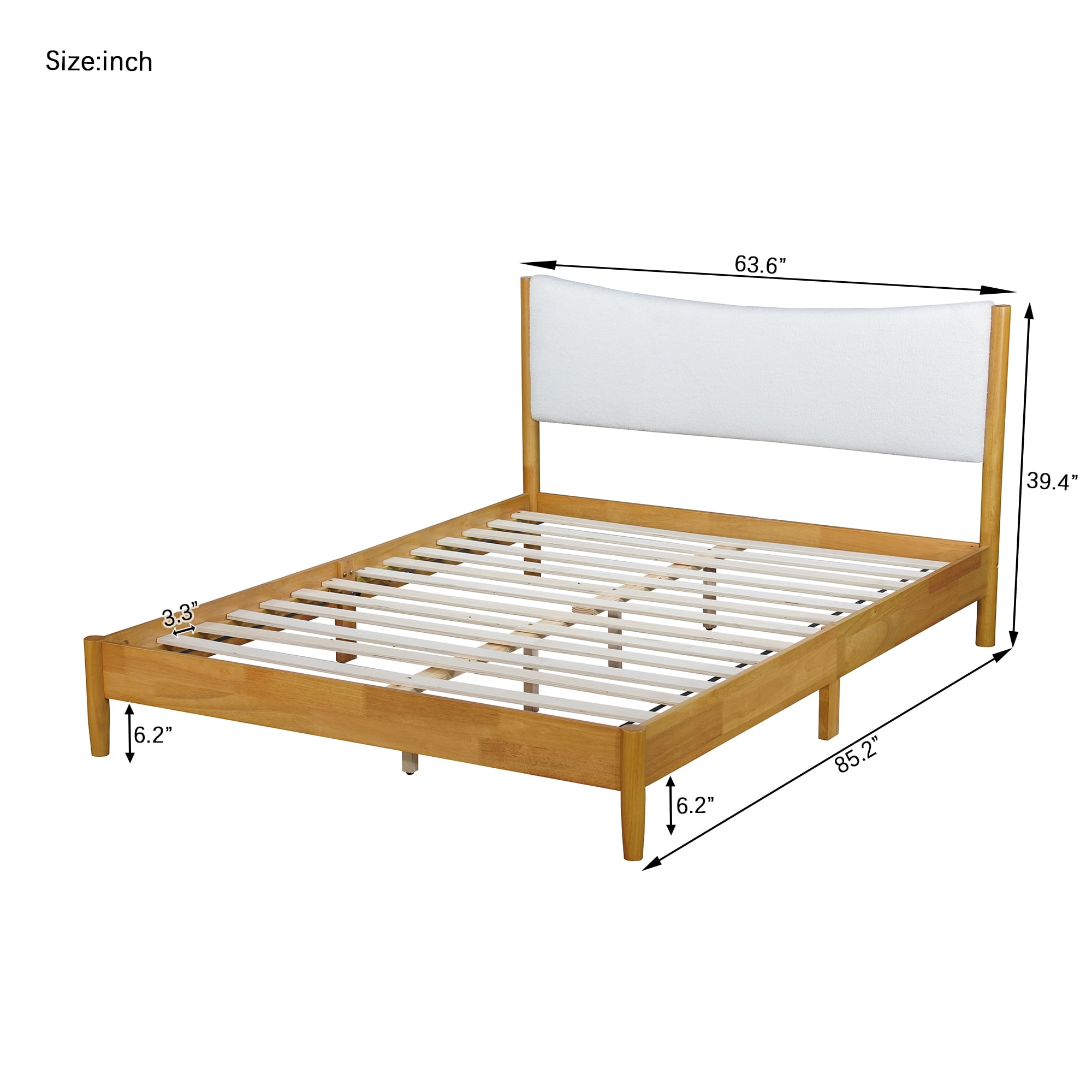 Aukfa Queen Size Bed Frame, Rubber Wooden Platform Bed with Teddy Upholstered Headboard, Oak
