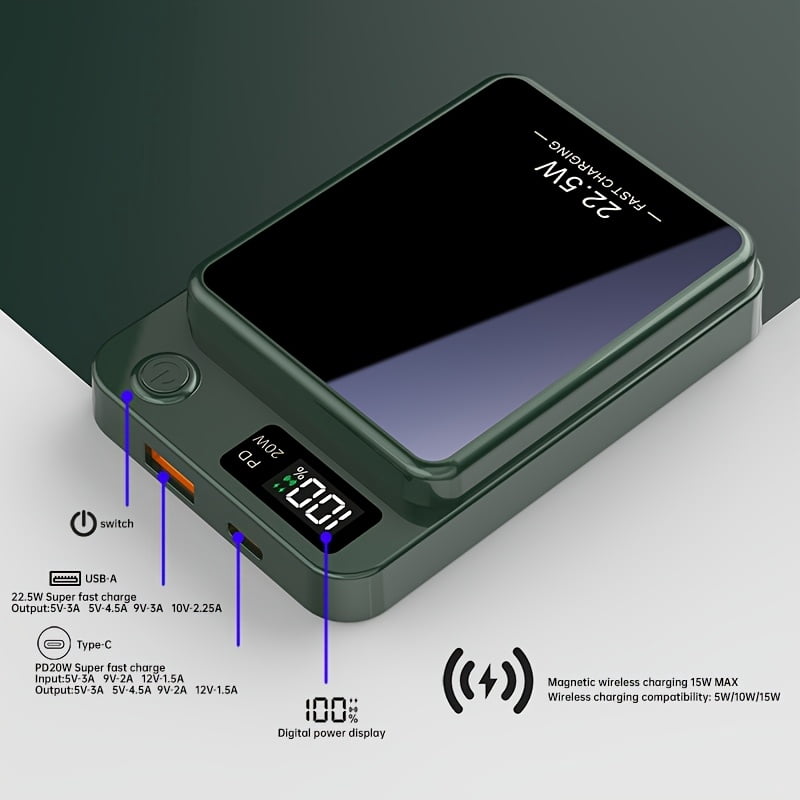 Magnetic Wireless Power Bank 5000/10000/15000mAh, 30W PD Fast & 15W Wireless Charger, Magnetic for iPhone 17-12 Series, Wired Charging for Android