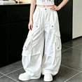 thumbnail image 2 of vdgthytj Girls Cargo Pants Fashion Baggy Wide Leg Drawstring Elastic Streetwear Fall Casual Outdoor Travel Trousers with Multi Pockets(14-15 Years,White), 2 of 7