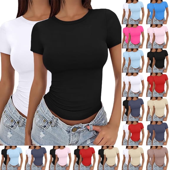 VJGBEGW 2-Pack Womens Short Sleeve Crop Top Crew Neck Y2K Shirt Sexy Slim Fitted Casual Base Layer Soft Workout Shirt Going Out Tops Black L