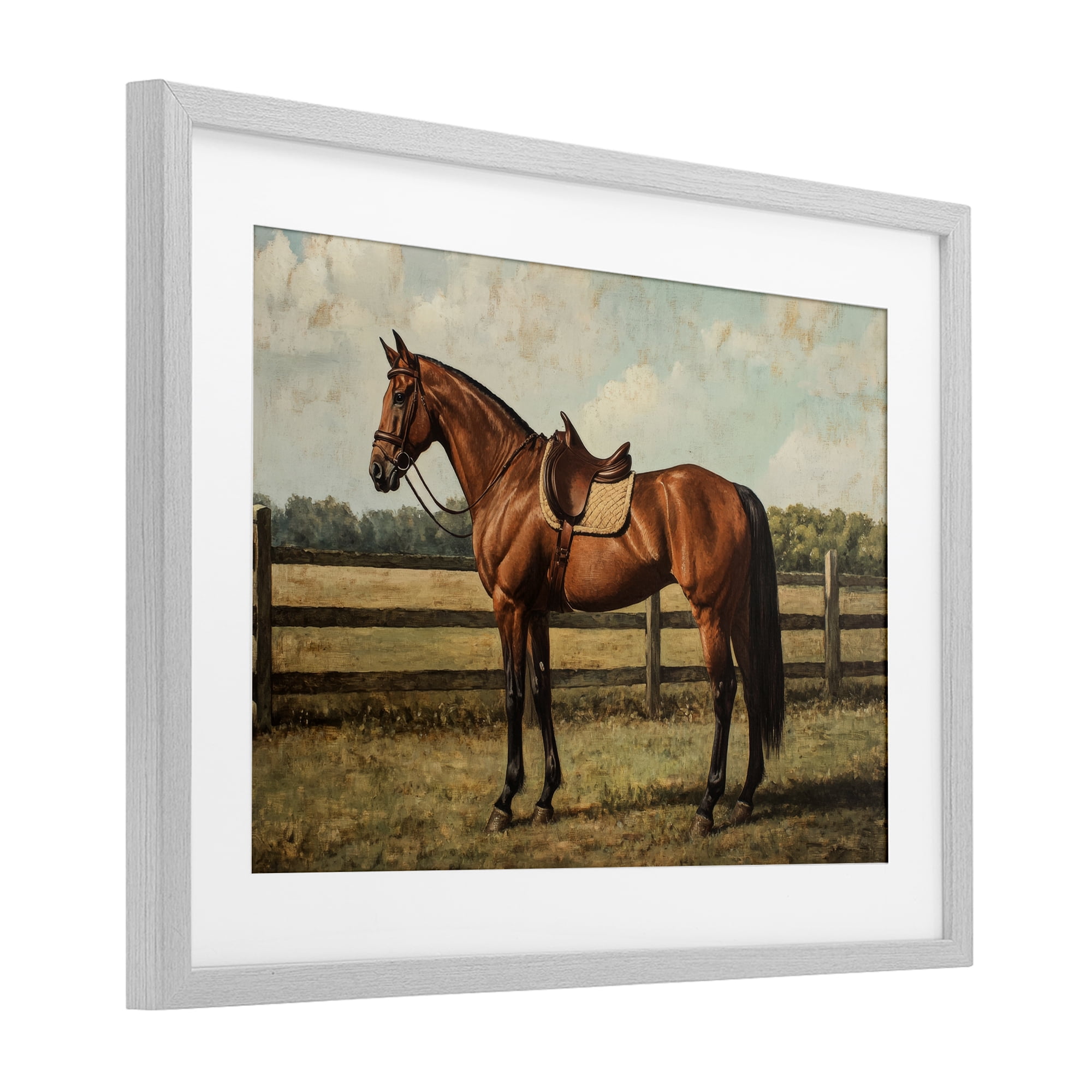 Stupell Industries Chocolate Stag Saddled in Pasture Gray Framed Print Under Glass, design by Petal Prints Design