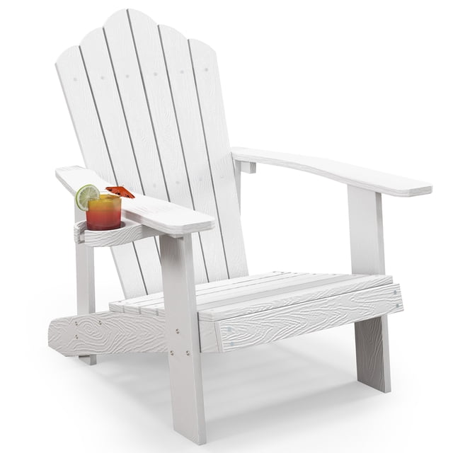 Gymax Chaise de Patio, Résistante aux Intempéries, à Lattes, de Style Adirondack, avec Porte-Gobelet, Blanche.
