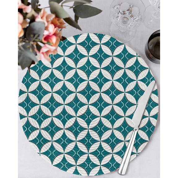13 Inch Round Placemats Set of 6, Abstract Geometric Non Slip Heat Insulation PP Table Mats, Vintage Rhombus Circle Texture Green Washable Place Mats for Kitchen Dining Party Table Decor