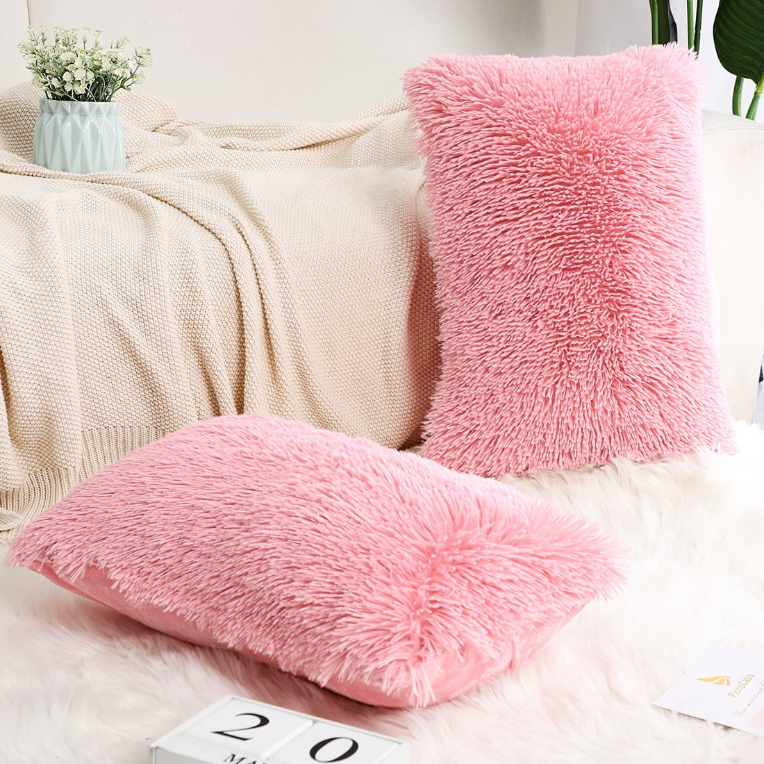 pink shaggy cushion