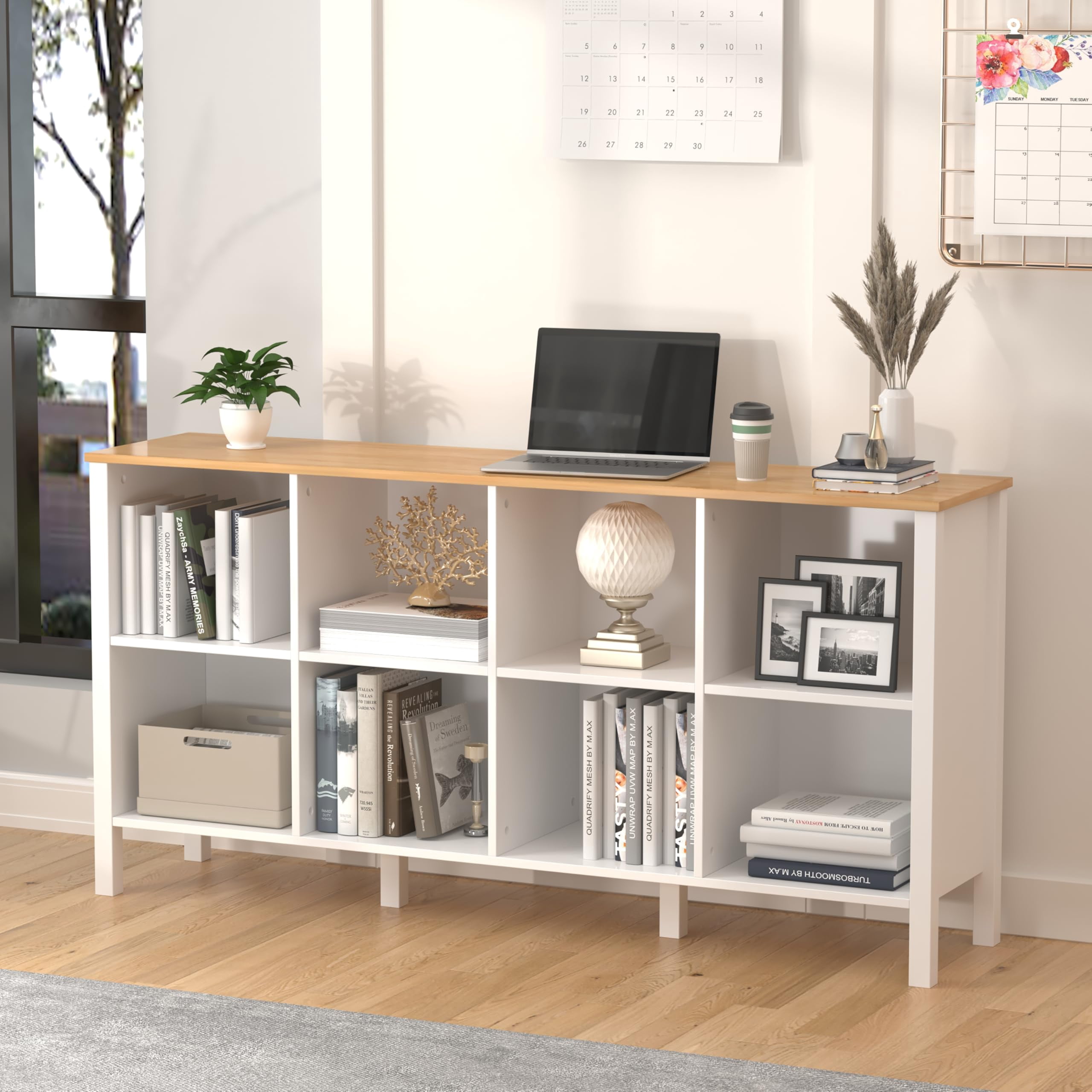 NEWADARA 8-Cube Bookcase, Farmhouse Wooden Bookshelf Low Storage Organizer, 59" Horizontal White Console with Legs, Hallway Book Case for Entryway, Display Cabinet for Living Room (White, 8-Cube)