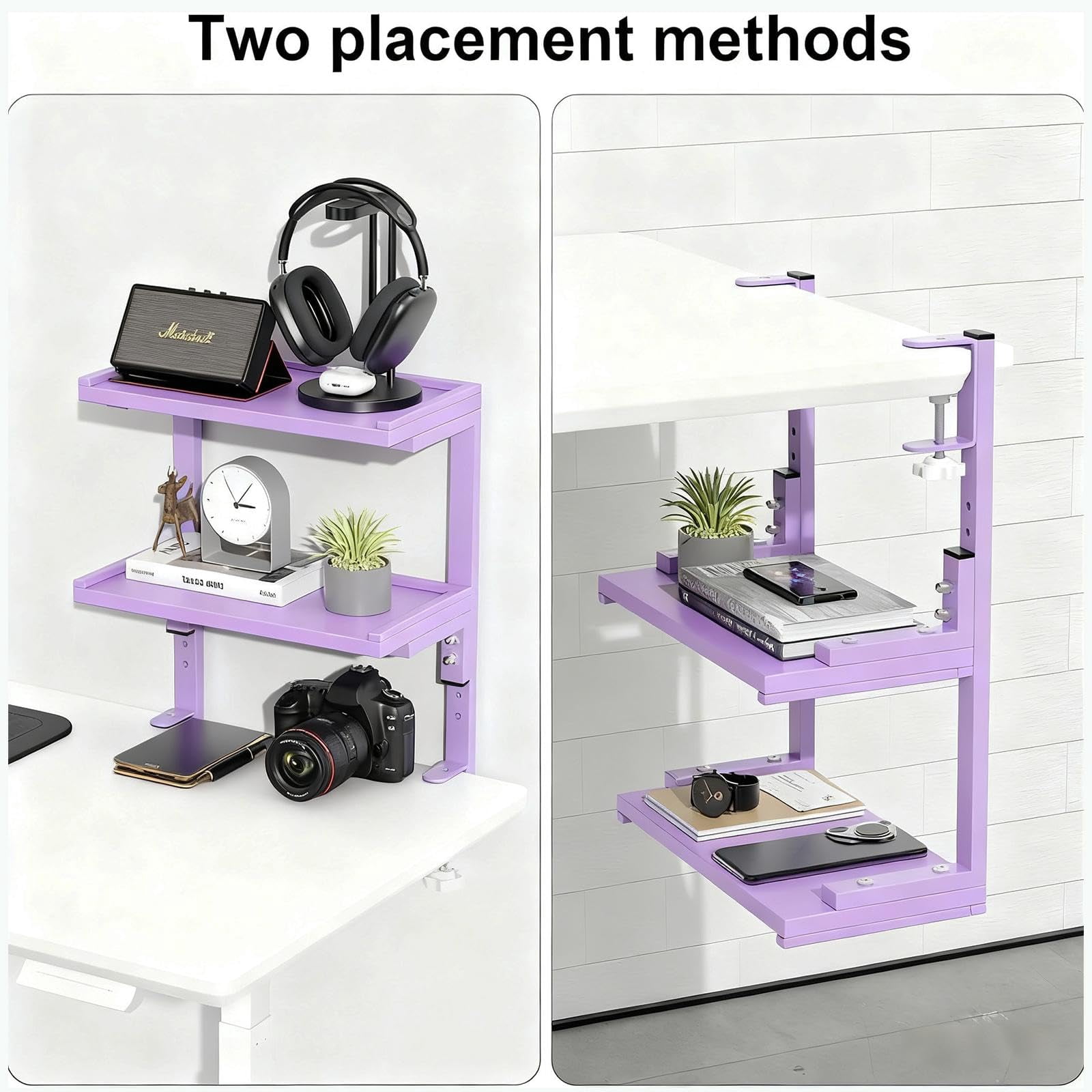 2-tier Desk Shelf  Expandable Under Storage Clamp On Desktop Accessories For Offices Study Rooms And Game (purple)
